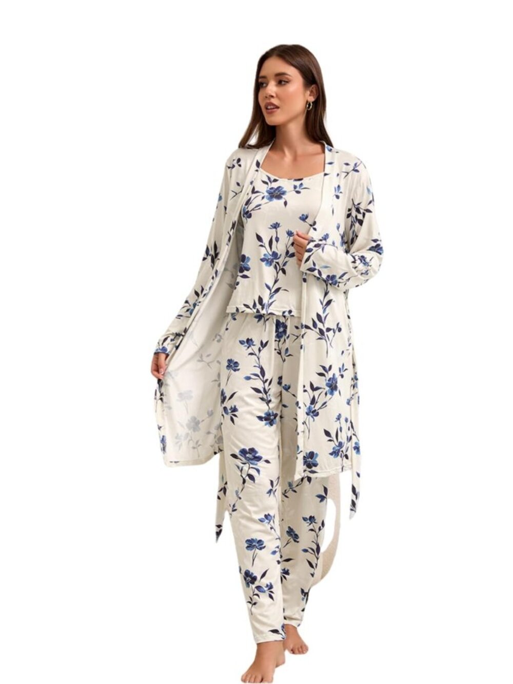 Women's 3-Piece Floral Pajama Set with Robe and Wide Leg Sleepwear Pants
